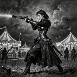 By Tom Bagshaw, ultra realist soft painting of a beautiful steampunk gunslinger in long dress in shooting pose at a curiosity carnival by night, symmetry accurate features, very intricate details, ominous sky, black and white, volumetric light clouds