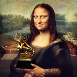 mariah carey holding a grammy award as the mona lisa by leonardo da vinci