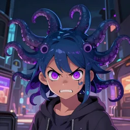 artstation young teen with purple eyes and tentacles on her head in fury, very detailed, in glass town, portrait, high contrast, vibrant