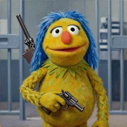 oil painting of a grumpy muppet with a gun and long blue hair who has just been released from prison, realistic, oil painting, 6 0 0 x 8 0 0