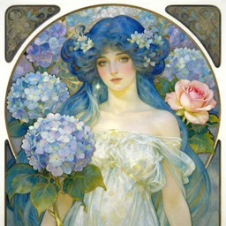 blue hair goddess of light in hydrangeas flowers and rose, alphonse mucha and jean - baptiste monge style, painterly, highly detailed, 8 k