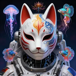 full shot of a batwoman astronaut defined facial features, intricate abstract. cyberpunk, symmetrical facial features. biomechanics. beautiful intricately detailed japanese crow kitsune mask and betta fish, jellyfish phoenix, bio luminescent, plasma, by ruan jia and artgerm and range murata and wlop and ross tran and william - adolphe bouguereau and beeple. key art. fantasy illustration. award winning, artstation, vivid colors, intricate details, realistic, hyperdetailed, 8 k resolution.