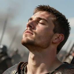 close up of a warrior in his twenties with short brown hair, no beard, head raised with eyes closed, sun shining on his face, battlefield by Greg Rutkowski, 4k, masterpiece