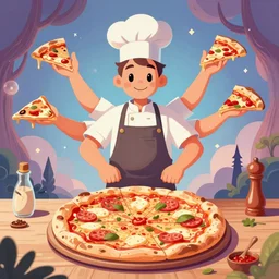 a pizza maker with four arms, beautiful fantasy illustration
