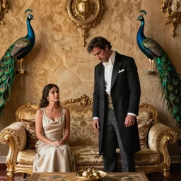 rodrigo hidalgo the count of barcelona, entering his room, tired face, room decorated with silk, peacock statues, expensive ornaments, his wife sits on the sofa, film still, global illumination, radiant lighting, hyper realistic, award winning dslr photography, intricate environment