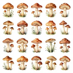 full page grid diagram of different mushroom, lithographics, color, white paper, labeled diagram, illustration, detailed, intricate, vector, vector aesthetics, light watercolor aesthetic