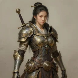 photo painting buddhist portrait of a noble young woman with a sword in style of game art lord of the rings banner saga ashes of gods gantz miura kentaro photorealistic steampunk frank miller alex ross trending