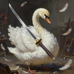 masterpiece oil painting, anthropomorphic bipedal swan ninja that is holding a katana, as a dnd character, inside a cluttered dojo, floating feathers, extremely detailed, digital illustration, concept art, readability, smooth, sharp focus, art by brothers hildebrandt