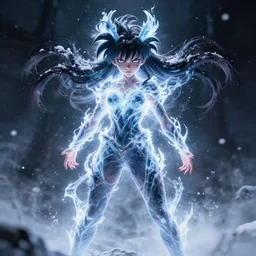 photorealistic full body shot of masterpiece angry darkness anime girl, beautifull lovely eyes, posing, electric aura with particles, snowing frozen ice, darkness background, inspired by masami kurumada, akira toriyama, detailed, unreal engine 4 k, volumetric light, fog
