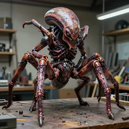 photo taken of an epic intricate, ultra detailed, super realistic gritty, hero prop, exquisitely painted animatronic movie prop of a wet slimy grotesque nightmarish hellish mutant arachnoid creature displayed in the workshop, created by weta workshop, full body shot, photorealistic, sharp focus