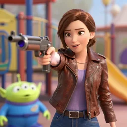 disney character woman wearing a leather jacket on a kids playground while pointing an automatic rifle at the lens, inside out movie still, walt disney motion pictures, high detail, natural light, ray tracing, trending on artstation, 4 k, ultra hd, blu ray