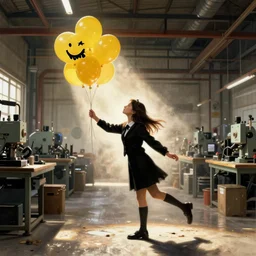 banksy, balloon girl, machine shop interior, larger than life