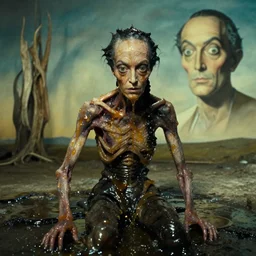 the creature that knows where I live, made of oil, film still from the movie directed by Denis Villeneuve with art direction by Salvador Dalí, wide lens