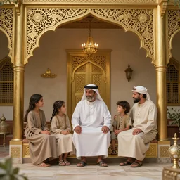 bedouin father and his family sitting in an arabic styled house, highly detailed, gold filigree, romantic storybook fantasy, soft cinematic lighting, award, disney concept art watercolor illustration by mandy jurgens and alphonse mucha and alena aenami, pastel color palette, featured on artstation