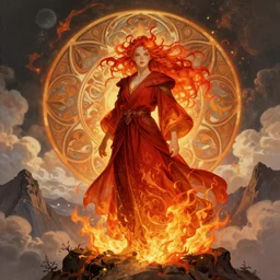 a beautiful fire wizard with fire red hair, freckles. wearing red robes inspired by alphonse mucha, standing on a mountain top with epic clouds and volumetric lighting. intricate illustration and highly detailed digital painting. concept art by artgerm. inspired by brom art and larry elmore.