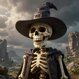 a cartoon skeleton with a wizard's hat