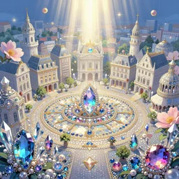 detailed illustrations of a town square made of gemstones and pearl and crystal, refractive and reflective, god rays, bloom, by ruan jia, by conrad roset, by yoshitaka amano, cgsociety, artstation.