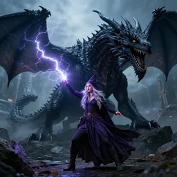 A beautiful female gnome wizard casting a lightning spell at a monstrous black dragon::cinematic::dramatic::kinetic::photo realistic::wide angle::high detail