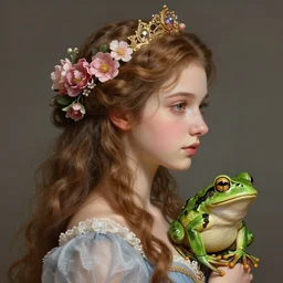 hyperdetailed fantasy profile portrait of a realistic princess and the frog, floral hair, by greg rutkowski, highly detailed, digital painting, artstation, smooth, sharp focus illustration, artstation hq. intricate, elegant, vray render. art by wlop and artgerm and ayami kojima. dan mumford, tomokazu matsuyama, takato yamamoto