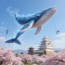 massive flying whales with water aura jumps over himeji temple in a mutiversal otherworldly realm, star trek style, by peter mohrbacher, jeremy mann, francoise nielly, android james, ross tran, beautiful, award winning scenery, clean details, serene, sakura season