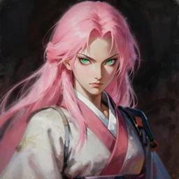 painting by krenz cushart!!, full body of a samurai woman with pink hair and green eyes, stern look, finely detailed features, intricate brush strokes, beautiful lighting, trending on pixiv fanbox.