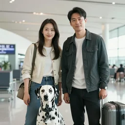 cinematic airport photo of a man and a woman with dalmatian skin at the airport trending photo portrait