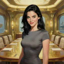 beautiful woman with black hair and green eyes, smirking. clear, detailed face. wearing a tight dress. she is in a conference room of the atlantis paradise, a retro futuristic spaceship made of brass, art deco influence, hotel style design. clean, well composed painting by artgerm and greg rutkowski.