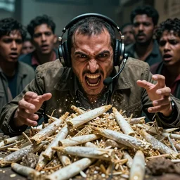 tony khan wearing a headset, yelling furiously, piles of cocaine everywhere, scolding, background filled with frightened people, intense, hyper detailed, artstation, flashing lights, hyper anger, eruption, 8 k