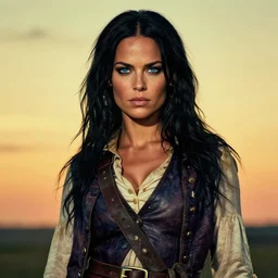 an award winning outdoors portrait photo of a blue eyed pretty 1 7 0 0 s dirty caribbean italian olive tanned pirate woman with black smooth hair, slightly big nose defined jaw, very beautiful, smug face, blue eyes, wearing a vest and short coat, sunset, movie color graded