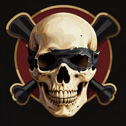 a skull in torn. ski-mask, sables crossed in background, pirate logo, vector illustration