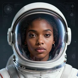 retrofuturistic portrait of a black woman in astronaut helmet, smooth transparent visor, reflective gradient, detailed space graphics in background, close up, quint buchholz, wlop, dan mumford, artgerm, liam brazier, peter mohrbacher, raw, featured on artstation, octane render, cinematic, elegant, intricate, 8 k