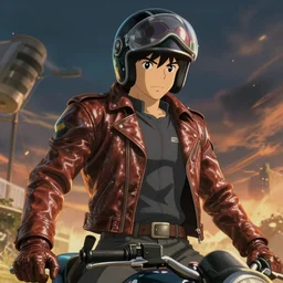 an epic anime of a energy man, leather jacket, leather gloves, motorcycle helmet, ghibli, unreal 5, octane render, rpg portrait, dynamic lighting, epic, epic anime, 2 d