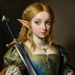 detailed baroque painting of princess zelda, from legend of zelda, as an elegant noblewoman, highy detailed face, brocade dress, style of aleksi briclot and peter paul rubens, intricate, soft lighting, beautiful art, legend of zelda, master sword