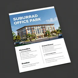 a marketing flyer for a suburban office park, inside spread, graphic design