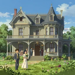 an ornate victorian house, party inside, scene in an open field. 1 8 9 0, key visual, conceptart, ambient lighting, highly detailed, digital painting, artstation, concept art, sharp focus, by makoto shinkai and akihiko yoshida and greg manchess
