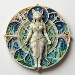 rococo gloomcore + atompunk paper quilling diorama of a cat goddess of rebirth, subsurface scattering, inspired by breath of the wild and giovanni piranesi, unreal engine : : kokyangwuti, hopi creator godesss carved from marble mandalas of forest + ocean + outer space, full body character portrait, symmetrical, low angle isometric : :