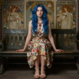 dslr photo of a pretty young woman, full bodied portrait, with blue hair, sitting on a bench wearing a flower skirt, and body and wearing hemp sandals and a very detailed ruby necklace around neck, artgerm, greg rutkowski, alphonse mucha, artstation, very high quality face, intricate details, extremely high quality, moody lighting, real camera, real photo, 8 k, full subject in shot