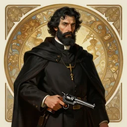 “ a modern catholic priest, who looks like don quixote, black beard and moustache, with a revolver at his side, d & d, fantasy, intricate, cinematic lighting, highly detailed, digital painting, artstation, concept art, smooth, sharp focus, illustration, art by artgerm and greg rutkowski and alphonse mucha ”