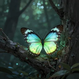 Glowing Butterfly sitting on a tree in the forest, trending on artstation, by Noah Bradley