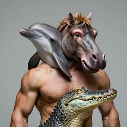 portrait of muscular animal human merged head dolphin skin, solid background, scales skin dog, merged monkey head, hippo face morphed, gills, horse head animal merge, morphing dog head, animal eyes, merging crocodile head, anthropomorphic creature