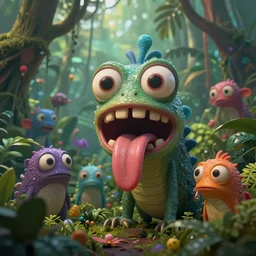of an intricate hazy jungle with strange colorful cute friendly funny creatures with huge eyes, long tongue, square teeth and funny face appearing from the foliage, in the style of mike winkelmann, macro lens, shallow depth of field, highly detailed, digital painting, trending artstation, concept art, illustration, cinematic lighting, vibrant colors, photorealism, epic, octane render