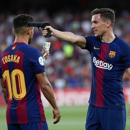 The President of FC Barcelona holding up a player at gunpoint and demanding money