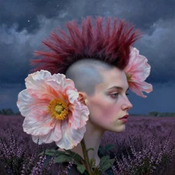 closeup, giant flowers head, mohawk, woman in heather field, surreal photography, starlight, storm clouds, impressionist painting, digital painting, artstation, simon stalenhag