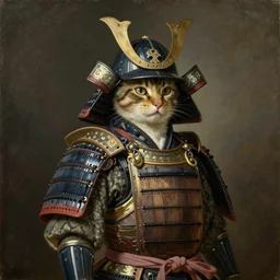 a cat-samurai wearing Japanese armor and helm, oil on canvas, by Rembrandt