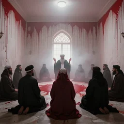 satanic occult seance conjures hizbillah in a misty white room with red bfluid dripping from the walls, volumetric lighting, hdr, 8 k