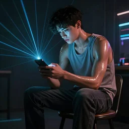 young man looking at his phone sitting on a stool in a dark room with laser light, glistening skin, cyberpunk, art nouveau, dynamic lighting, high detail, concept art, artstation. by Paolo Eleuteri Serpieri