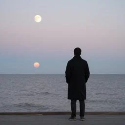 An man wearing a giant black coat standing at the boardwalk observing the sea from a distance, the moon and the sun are both in the sky bokeh photograph digital