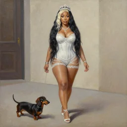 nicki minaj walking a dachshund baroque oil painting