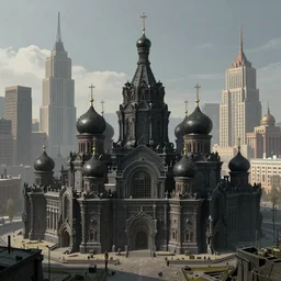 imperial russian cyberpunk citadel, black domes and radio spires and tall soviet tower blocks, military fortress watching over the citadel, artwork by Cam Floyd, Matte painting, trending on artstation and unreal engine