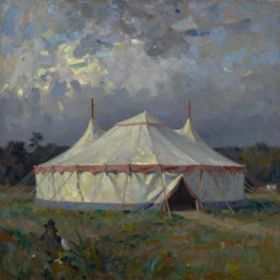 a beautiful painting of a circus tent in a field at dusk, detailed, abbey edwin austin, andreas achenbach, cinematic, gloomy atmosphere, brush strokes